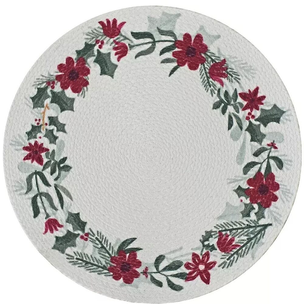 2 Same Round Braided Placemats (15") CHRISTMAS POINSETTIA FLOWERS WREATH, SNS